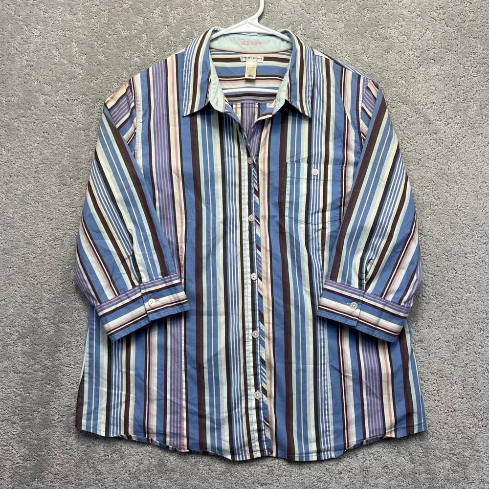 VINTAGE Y2k Old Navy Shirt Womens XL Blue Striped 3/4 Sleeve Perfect Fit Stretch